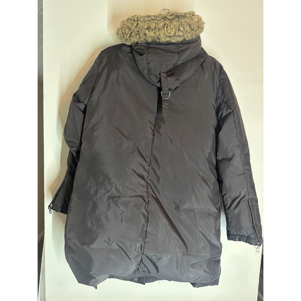 DKNY Vintage Womens Black Faux Fur Hooded Puffer Coat Jacket Size L Y2K Winter - Picture 5 of 6
